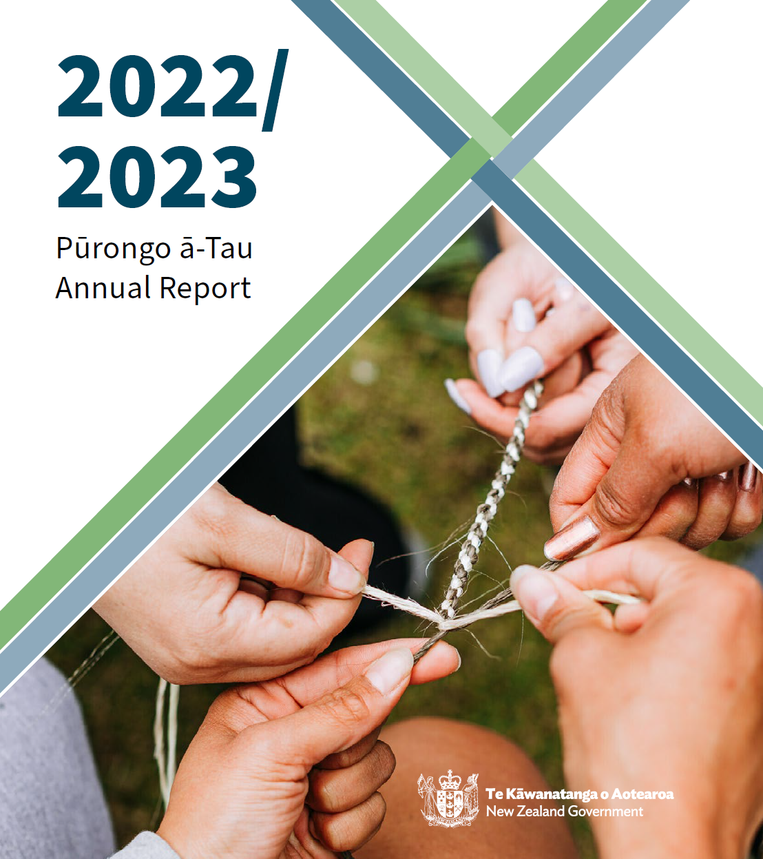 Pūrongo ā-Tau 2022/2023  Annual Report 2022/2023. Image shows many hands weaving together a single strand of plaited rope from different coloured flax threads