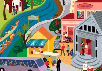 Image of community including people, buildings and vehicles.