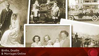 A selection of old photos including a bride and groom, mothers holding new born babies, a family of children and a funeral procession.
