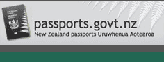 The front cover of the New Zealand passport and the silver fern beside the text passports.govt.nz