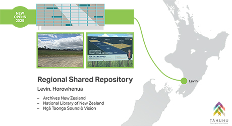Now opens 2025. Regional Shared Repository - Levin, Horowhenua: Archives New Zealand, National Library of New Zealand, Ngā Taonga Sound and Vision