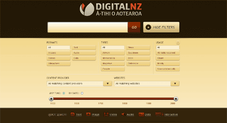 The homepage of the DigitalNZ website. Find, share and use New Zealand's digital content.