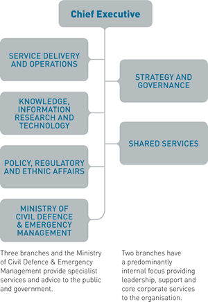 Image outlining The Department of Internal Affairs Oganisational Structure. (See long description for details).