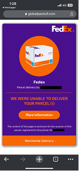 URL in address bar: globallpackoif.com. Image on phone: FedEx Parcel delivery to:.....WE WERE UNABLE TO DELIVER YOUR PARCEL (!) Button: More information. The content of this page is exclusive for the reciever of this parcel, registered to this phone...