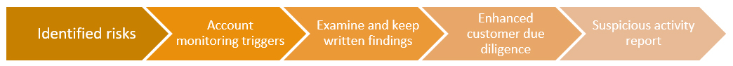 Identified risks, Account monitoring triggers, Examine and keep written findings, Enhanced customer due diligence, Suspicious activity report.
