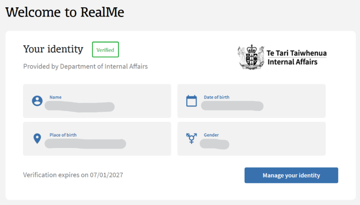'Welcome to Real Me' Login window, featuring 'Your Identity' with a 'Verified' green box at the top right, the Te Tari Taiwhenua Internal Affairs logo, 'Name', Date of Birth', 'Place of Birth' and 'Gender' fields, a blue 'Manage your identity' button at the bottom left and the words: 'Verification expires on 07/01/2027'.