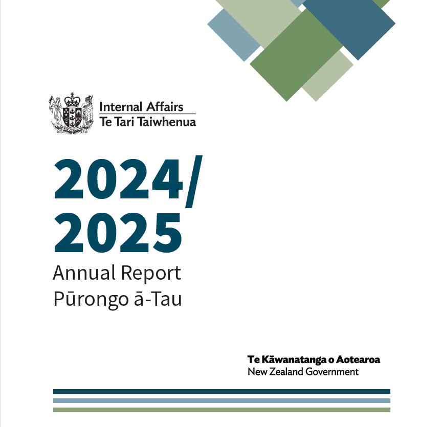 Annual Report 2024/2025 Pūrongo ā-Tau 2024/20245. Image shows four crossed bands of different colours and tones in blue and green, woven together in a triangle pointing down towards the Title text. Image includes the 2x logos: Internal Affairs - Te Tari Taiwhenua, and Te Kāwanatanga o Aotearoa - New Zealand Government.