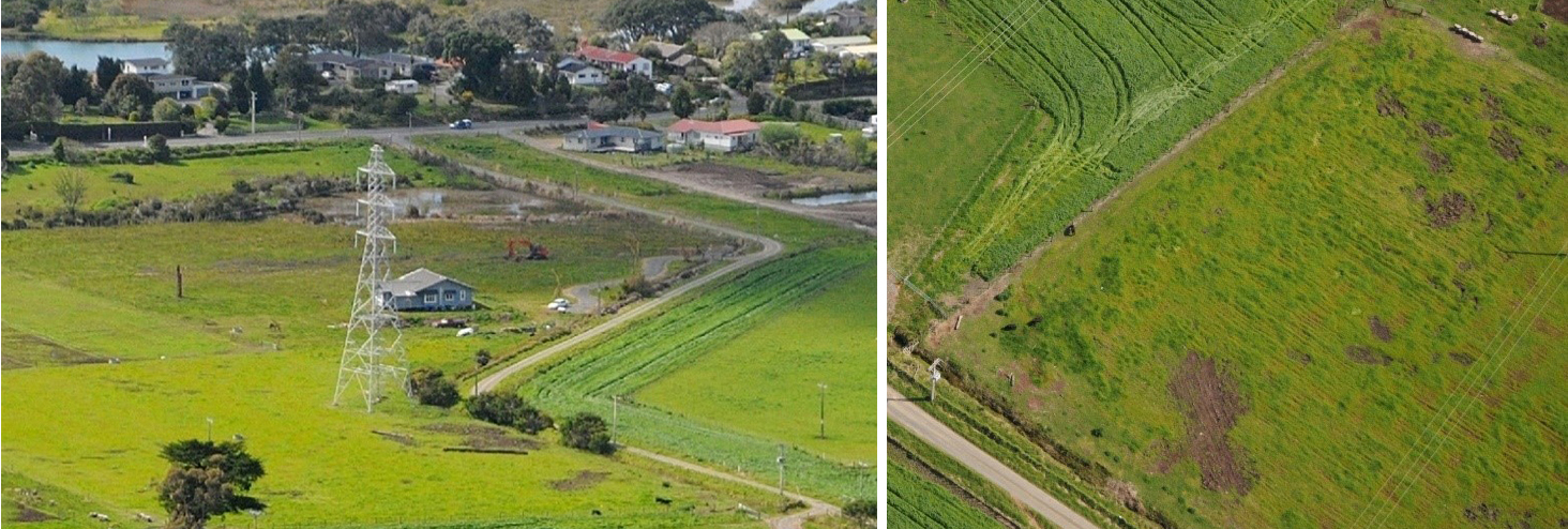 Aerial photographs showing soil disturbance at the site of the leak. Dark brown patches are visible in a green field next to a road close to an electricity pylon, these appear to have been the result of earthworks. In the background of the picture there is a house and a JCB style digger.