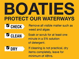 (Click on image or link to open PDF, 856KB)Boaties - protect our waterways. Check: Remove all visible matter such as weed and algae. Clean: Soak or scrub for at least one minute in a 5% solution of detergent. Dry: If cleaning is not practical, dry items completely, leave for minimum of 48hrs. Stop the spread of weeds, algae and unwanted fish. See: www.bioscurity.govt.nz/cleaning for more information on freshwater threats and the preferred methods of how to Check, Clean, Dry. (Tick inside circle button displays the words: Check, Clean, Dry). Our playground, our responsibility.