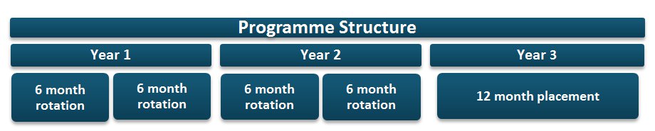 Flowchart showing the programme structure. Year 1 and Year 2 split into 6 month rotations. 12 month placement in Year 3. 