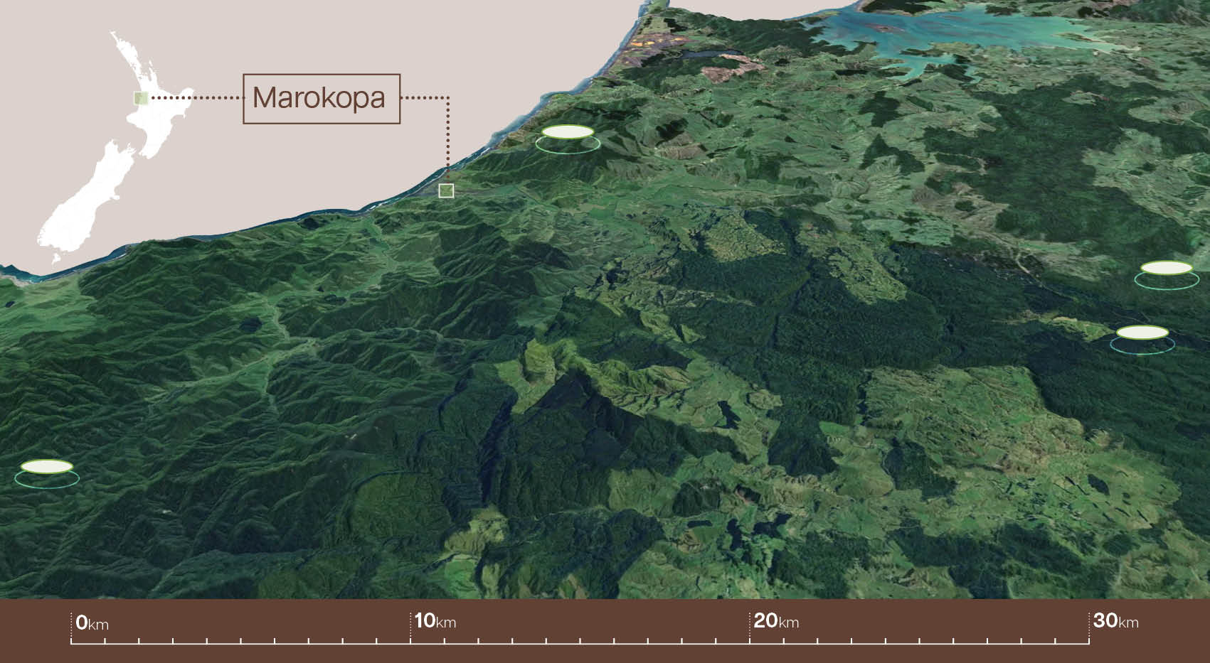 Map showing location of Marokopa on the west coat of the central north island of New Zealand and estimated campsites of distances around 30 km apart. Map showing location of Marokopa on the west coat of the central north island of New Zealand and estimated campsites of distances around 30 km apart.