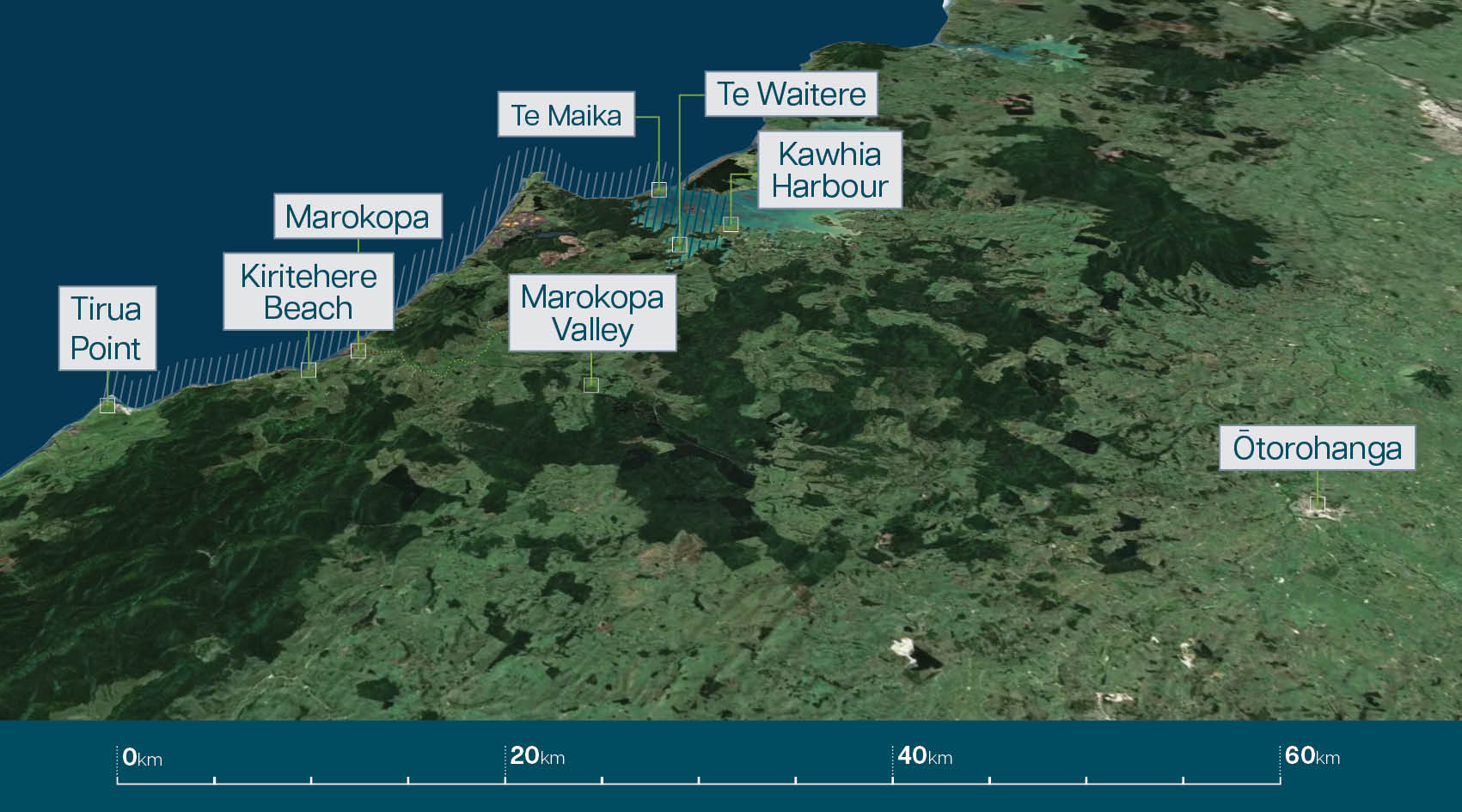 Geographic map showing key locations: Tirua Point, Kiritehere Beach, Marokopa, Marokopa Valley, Te Maika, Te Waitere, Kawhia Harbour, Ōtorohanga Geographic map showing key locations: Tirua Point, Kiritehere Beach, Marokopa, Marokopa Valley, Te Maika, Te Waitere, Kawhia Harbour, Ōtorohanga