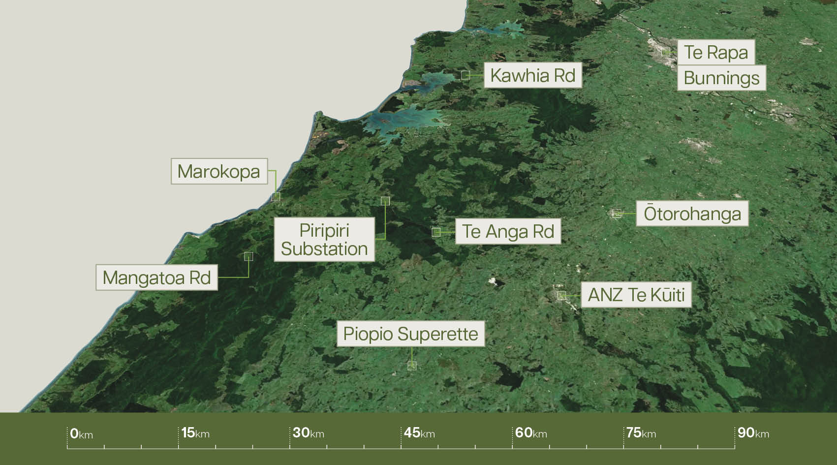 Geographic map showing 'Key locations and sightings, second disappearance', showing left to right: Mangatoa Rd, Marokopa, Piripiri Substation, Piopio Superette, Te Anga Rd, Kawhia Rd, ANZ Te Kuiti, Ōtorohanga, Te Rapa Bunnings, Geographic map showing 'Key locations and sightings, second disappearance', showing left to right: Mangatoa Rd, Marokopa, Piripiri Substation, Piopio Superette, Te Anga Rd, Kawhia Rd, ANZ Te Kuiti, Ōtorohanga, Te Rapa Bunnings,