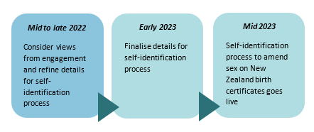 Mid to late 2022: Consider views from engagement and refine details for self-identification process. Early 2023: Finalise details for self-identification process. Mid 2023: Self-identification process to amend sex on New Zealand birth certificates goes live.