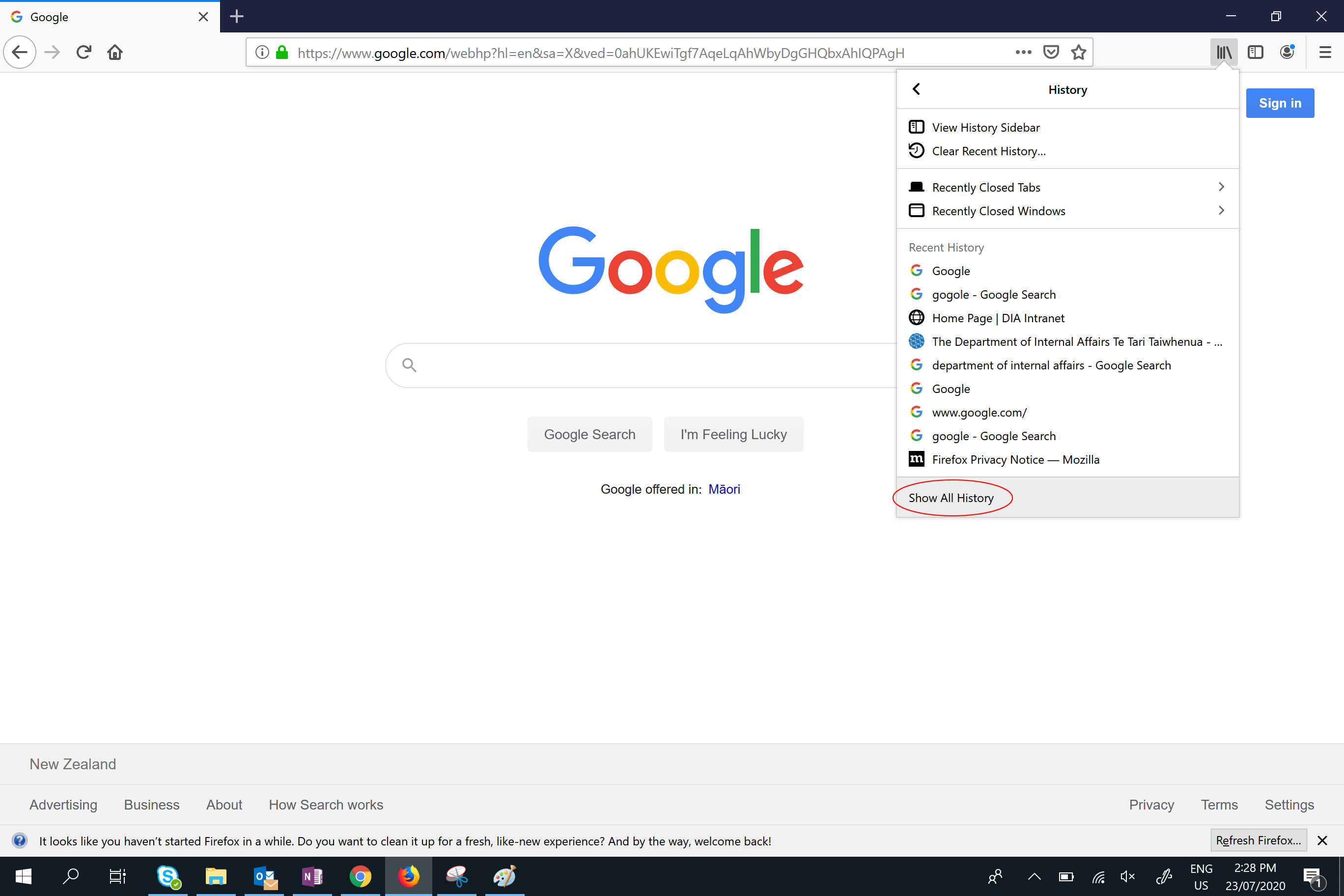 Show all history in firefox