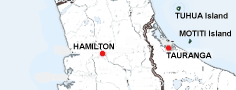 A map showing the location of Motiti Island and Tuhua Island off the coast of Tauranga in the Bay of Plenty